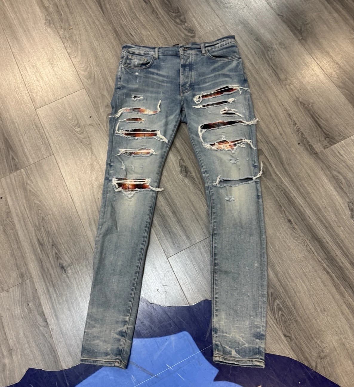 AMIRI Plaid Bandana Distressed Denim “Thrasher” Jeans – Clay Indigo – Size 34 – Gently Worn - Image 1
